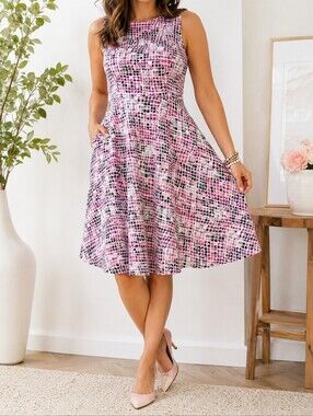 Penningtons Pink Mosaic Abstract Print Fit & Flare Dress 3X Pockets Career